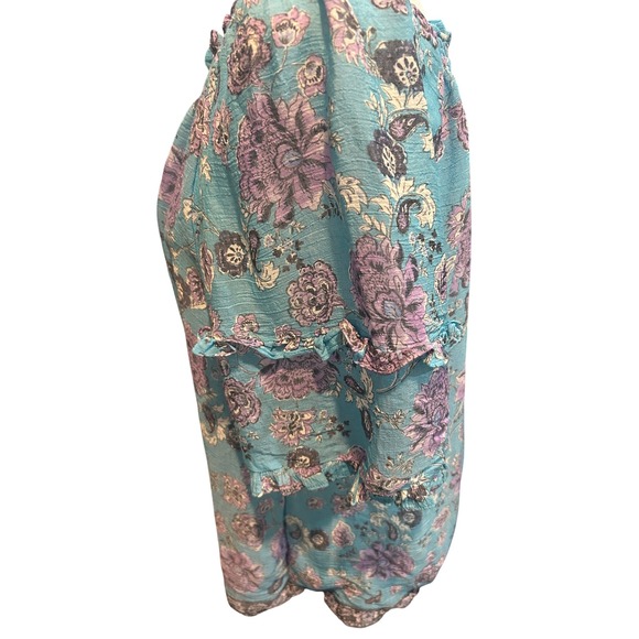 Floral Off Shoulder Top Blue Purple Ruffle Sleeve Bohemian Blouse - Picture 4 of 6